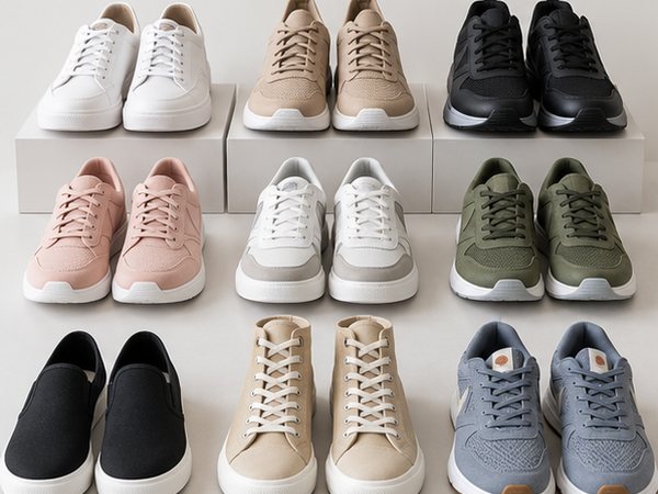 Calzado en distintos modelos ordenado en filas