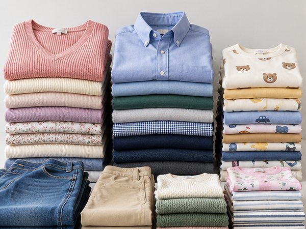 Prendas de vestir dobladas y ordenadas por colores para venta al por mayor