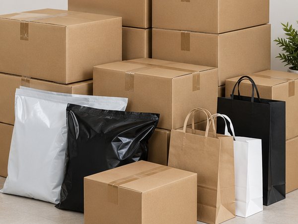 Cajas y bolsas de mercadería surtida listas para despacho mayorista
